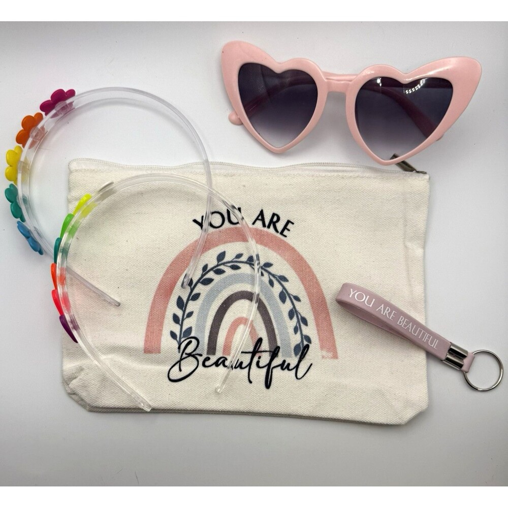 Girls Accessory Lot Pink Heart Sunglasses Rainbow Flower Headband Pouch Keychain